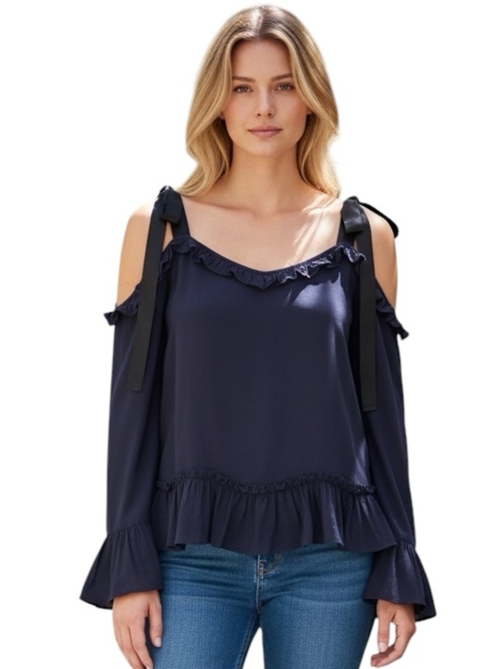 Muche & Muchette Navy Cold-Shoulder Long Sleeve Ruffle Tie-Strap Blouse OS